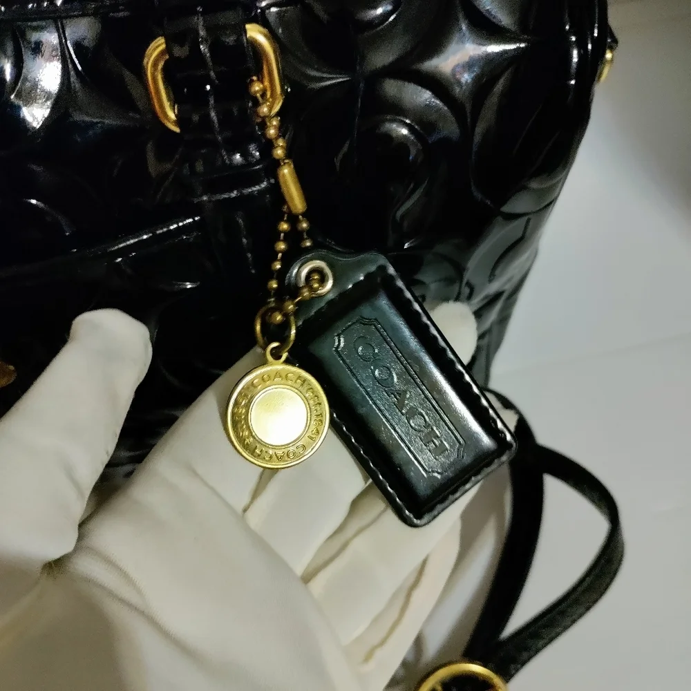 Coach Black Optic C Embossed Patent Leather Large Shoulder Crossbody Bag